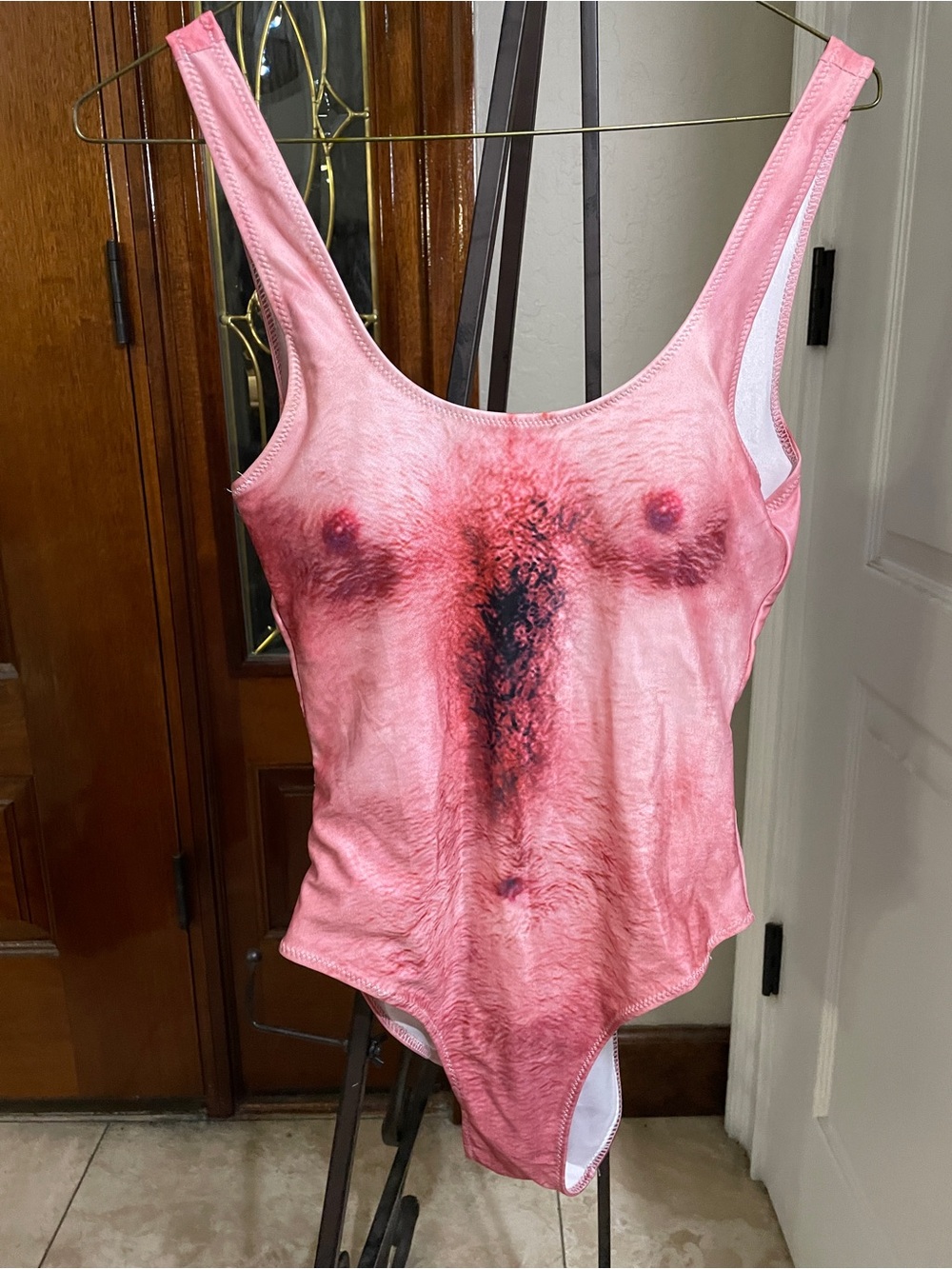 Pink Women's One-Piece Swimsuit Sexy Bikini with Torso Print Hairy Chest Party M
